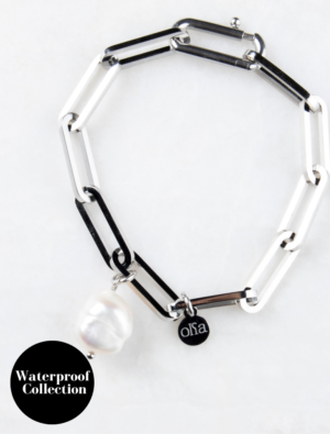 Belinda Waterproof Chunky Paperlink Bracelet - Silver Plated Stainless Steel/Baroque Pearl