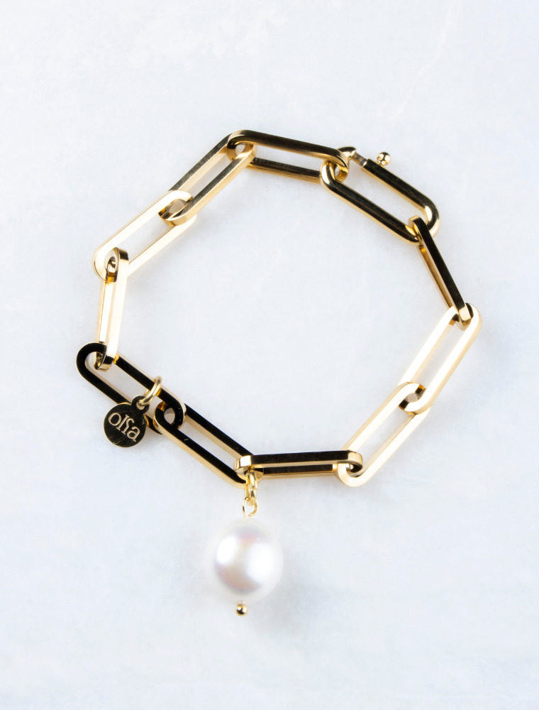 Belinda Waterproof Chunky Paperlink Bracelet - 18k Gold Plated Stainless Steel/Baroque Pearl - Image 5