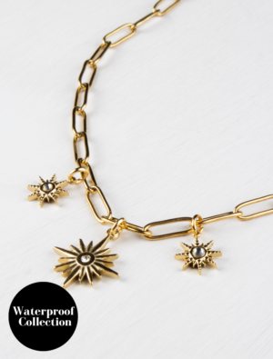 Lottie Waterproof Paperlink Necklace With Starburst Charms - 18k Gold Plated Stainless Steel