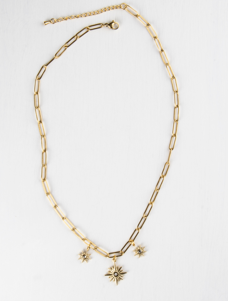 Lottie Waterproof Paperlink Necklace With Starburst Charms - 18k Gold Plated Stainless Steel - Image 3