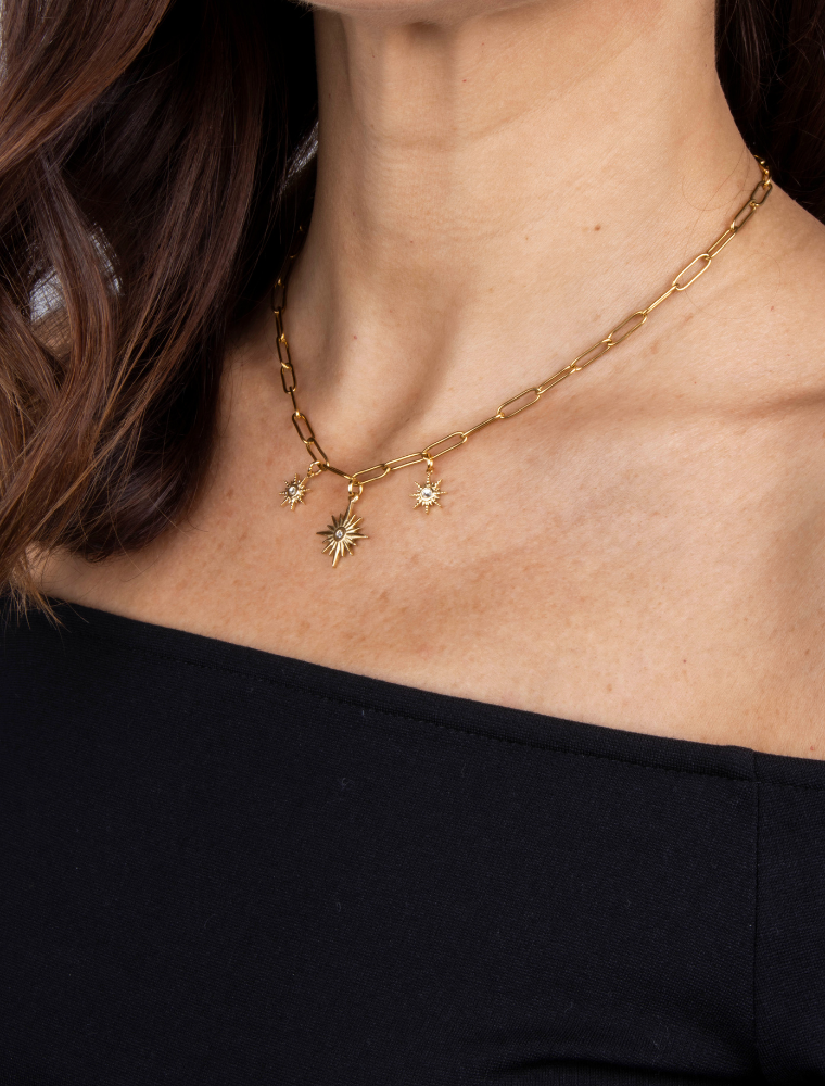 Lottie Waterproof Paperlink Necklace With Starburst Charms - 18k Gold Plated Stainless Steel - Image 5