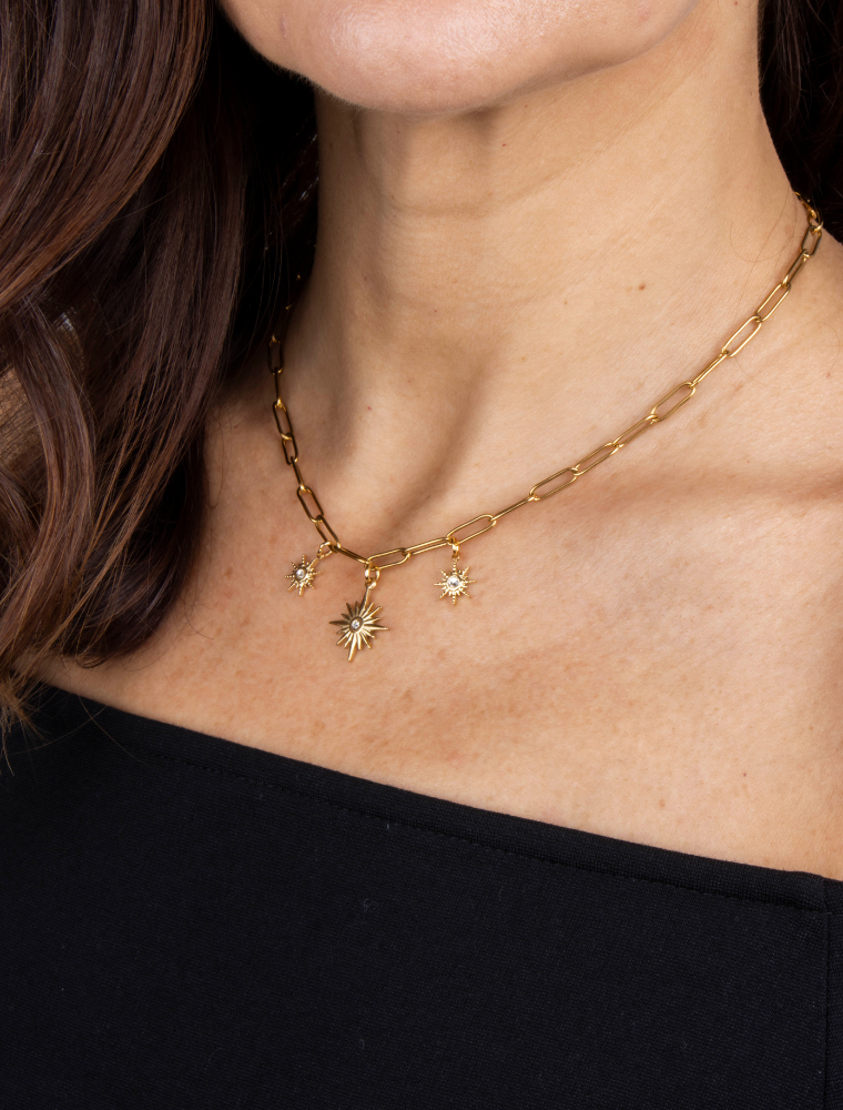 Lottie Waterproof Paperlink Necklace With Starburst Charms - 18k Gold Plated Stainless Steel - Image 4