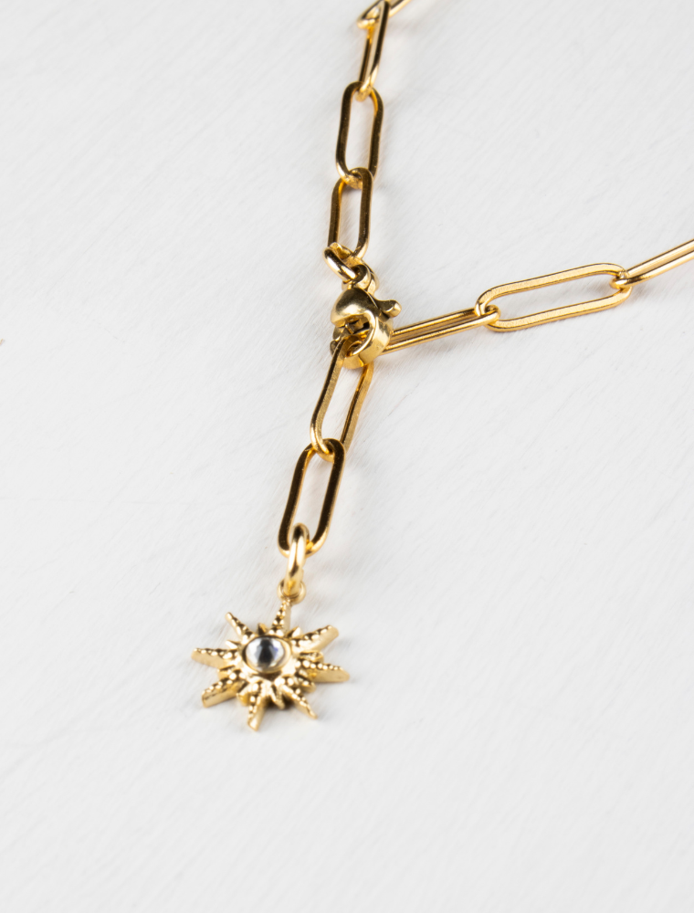 Natasha Adjustable Paperlink Waterproof Bracelet With Starburst Charm - 18k Gold Plated Stainless Steel - Image 3