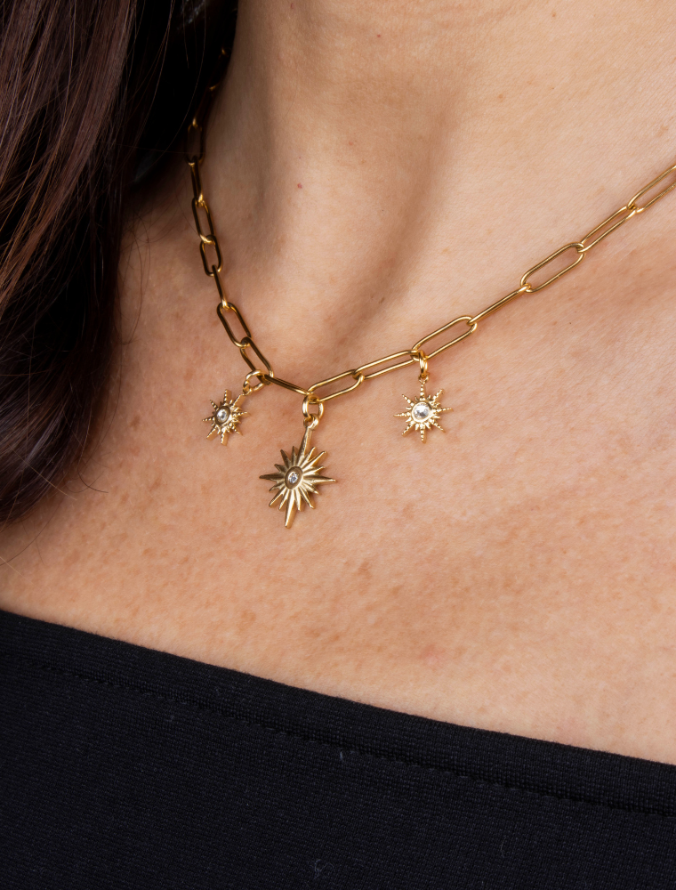 Lottie Waterproof Paperlink Necklace With Starburst Charms - 18k Gold Plated Stainless Steel - Image 2