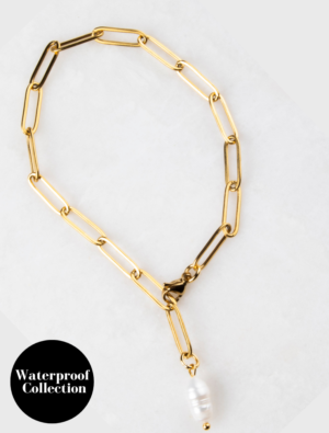 Norah Adjustable Waterproof Paperlink Bracelet With Freshwater Pearl Charm - 18k Gold Plated Stainless Steel