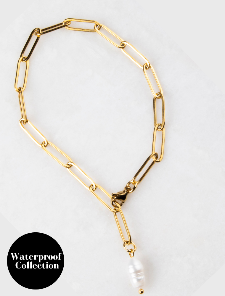 Norah Adjustable Waterproof Paperlink Bracelet With Freshwater Pearl Charm - 18k Gold Plated Stainless Steel