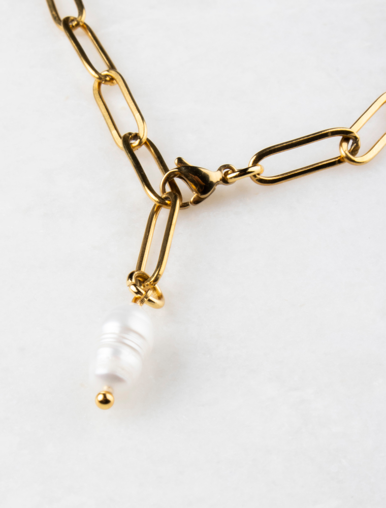Norah Adjustable Waterproof Paperlink Bracelet With Freshwater Pearl Charm - 18k Gold Plated Stainless Steel - Image 2