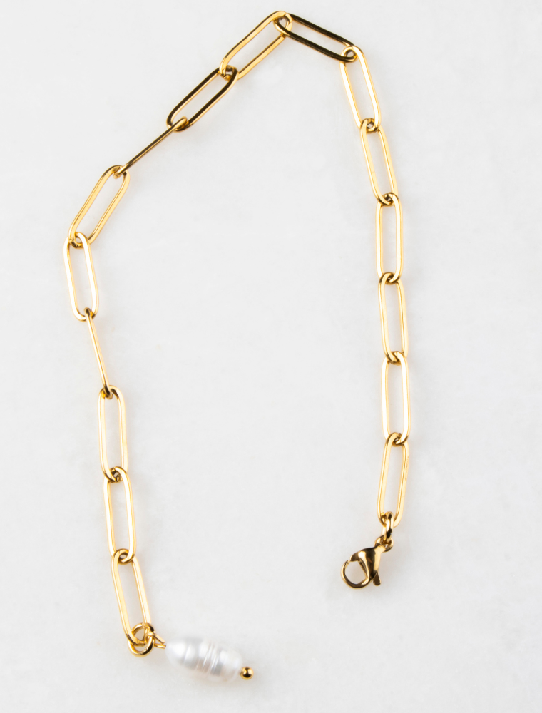 Norah Adjustable Waterproof Paperlink Bracelet With Freshwater Pearl Charm - 18k Gold Plated Stainless Steel - Image 4