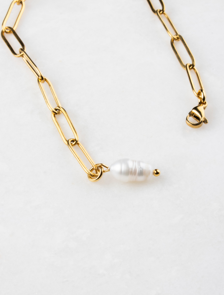 Norah Adjustable Waterproof Paperlink Bracelet With Freshwater Pearl Charm - 18k Gold Plated Stainless Steel - Image 5