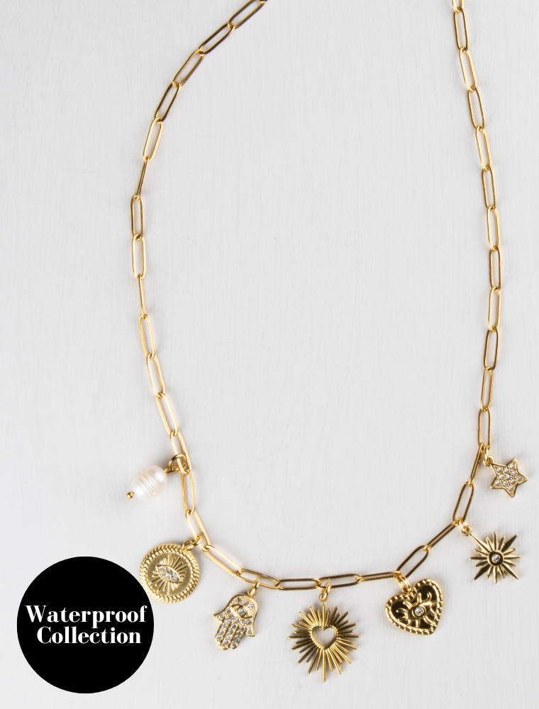 'Mission Style' Seven Charm Waterproof Necklace - 18k Gold Plated Stainless Steel