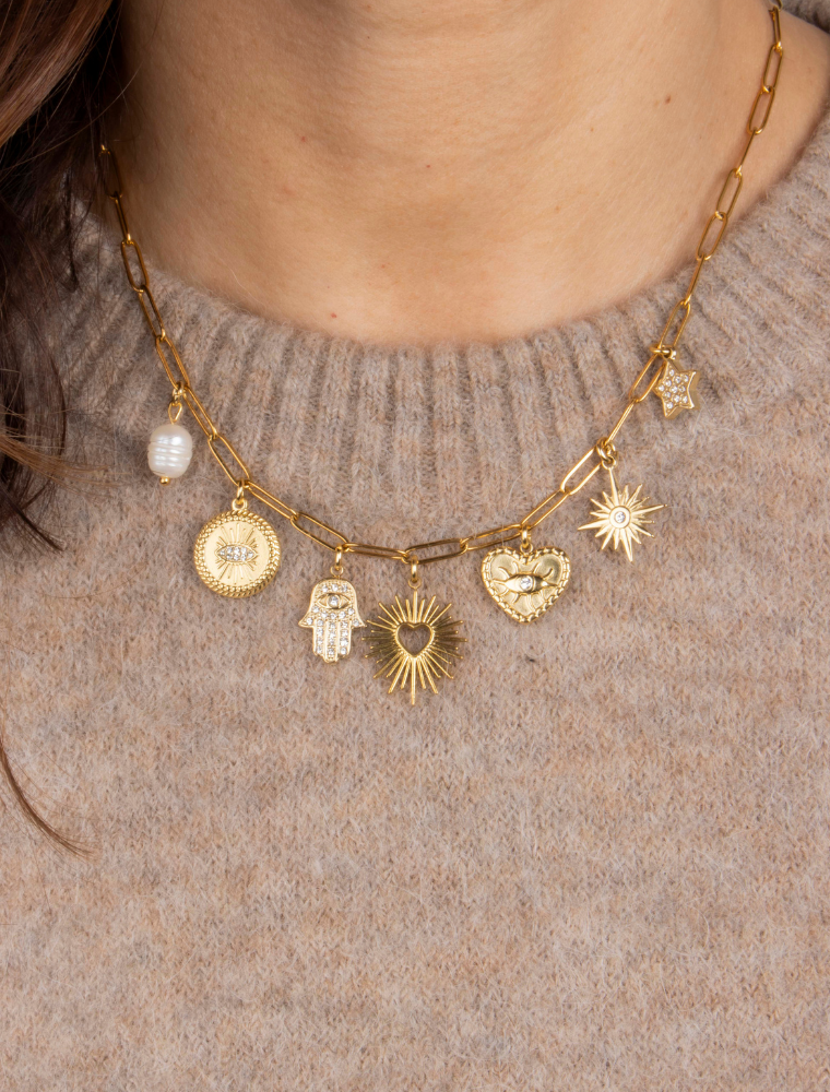 'Mission Style' Seven Charm Waterproof Necklace - 18k Gold Plated Stainless Steel - Image 6