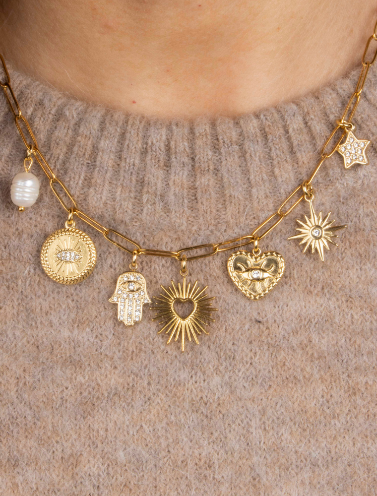 'Mission Style' Seven Charm Waterproof Necklace - 18k Gold Plated Stainless Steel - Image 5