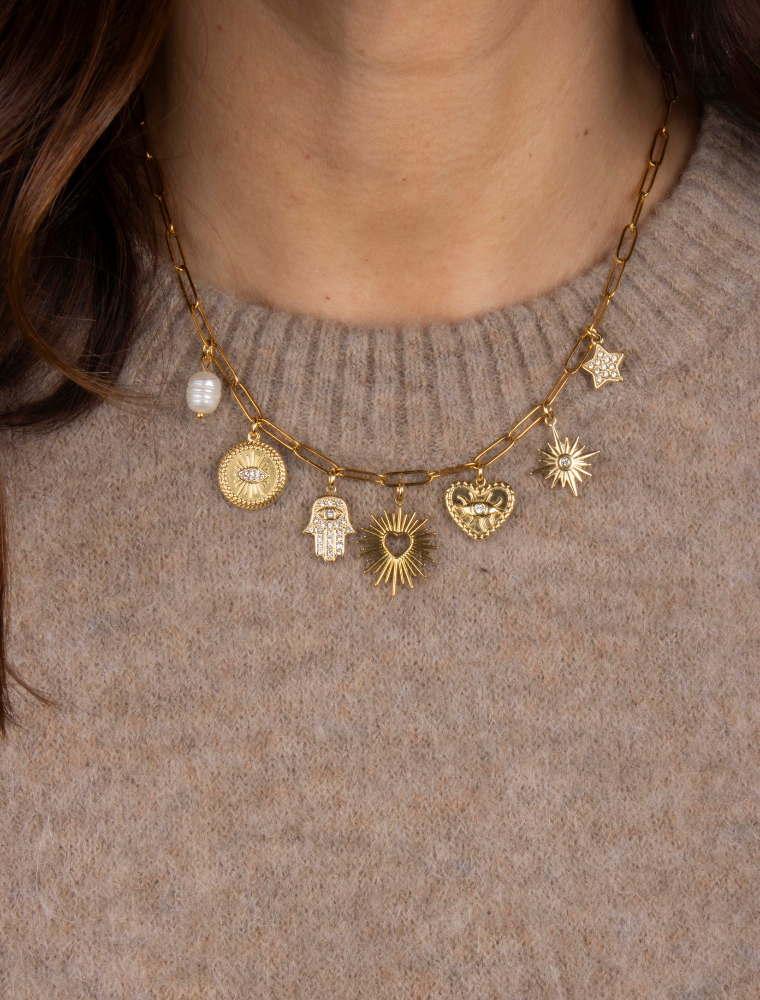 'Mission Style' Seven Charm Waterproof Necklace - 18k Gold Plated Stainless Steel - Image 2