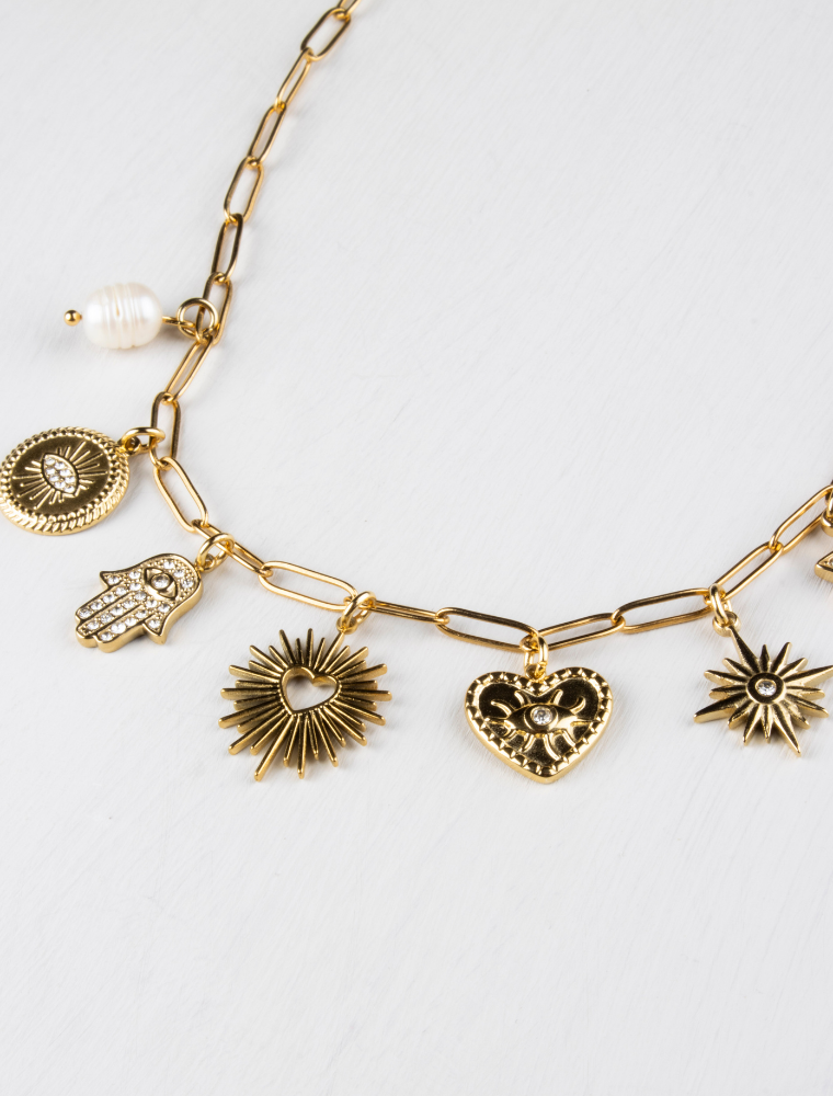 'Mission Style' Seven Charm Waterproof Necklace - 18k Gold Plated Stainless Steel - Image 3