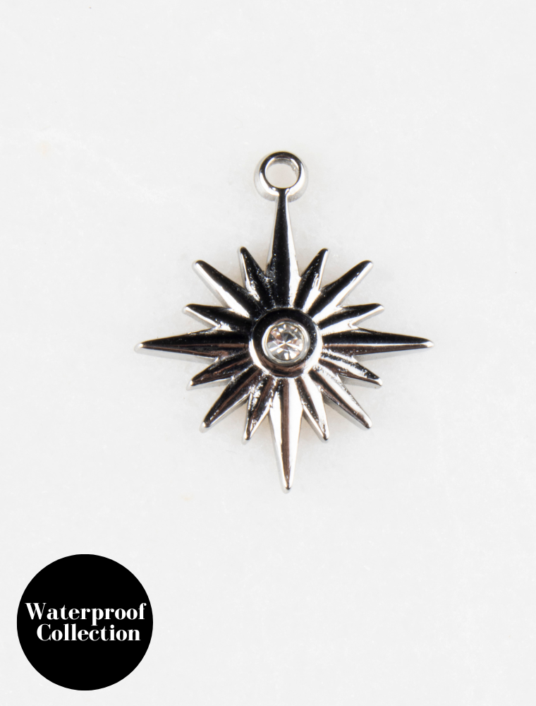 Large Detailed Crystal Starburst Charm - 51 - Silver/Stainless Steel