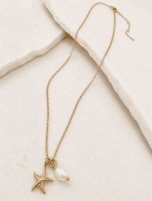 Emma waterproof necklace with starfish and pearl charms-18k gold plated stainless steel.