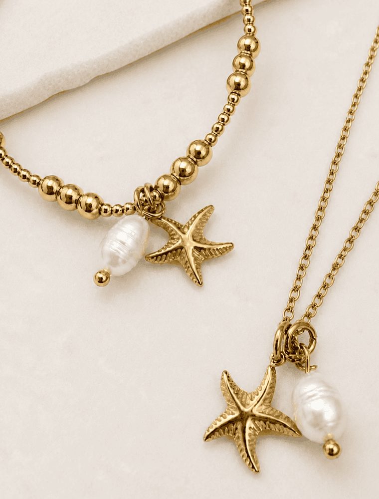 Emma waterproof necklace with starfish and pearl charms-18k gold plated stainless steel. - Image 4
