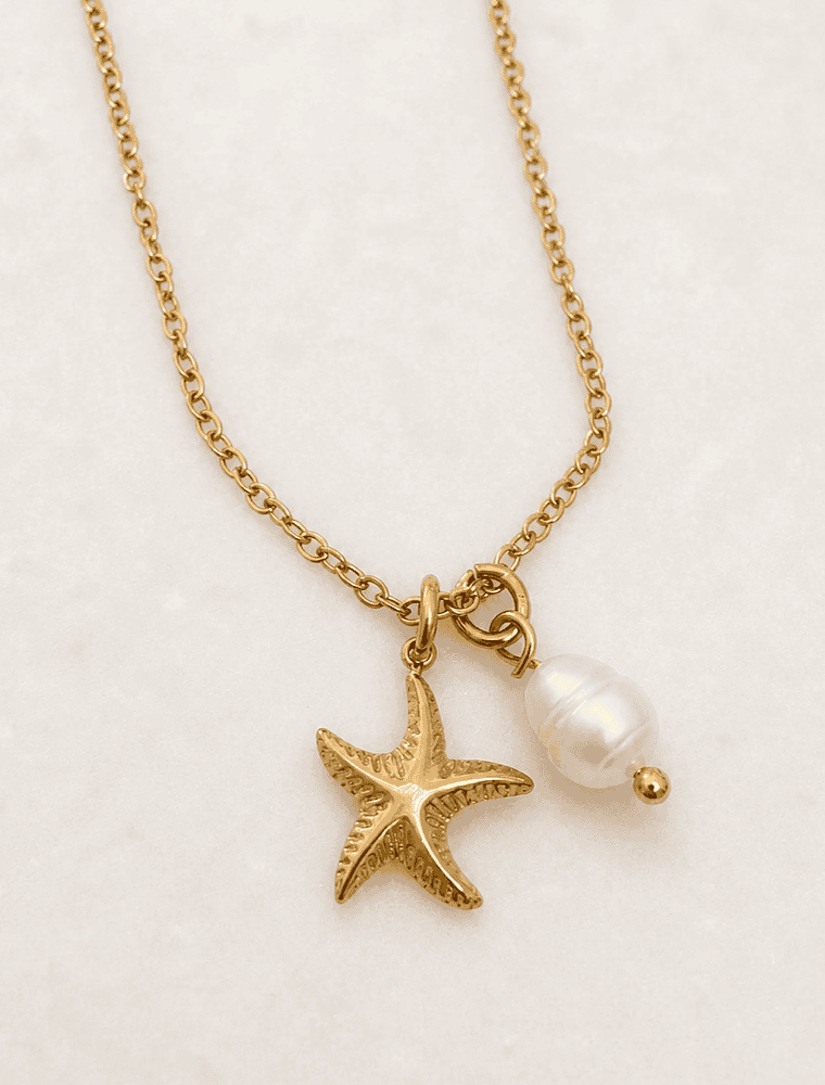 Emma waterproof necklace with starfish and pearl charms-18k gold plated stainless steel. - Image 3