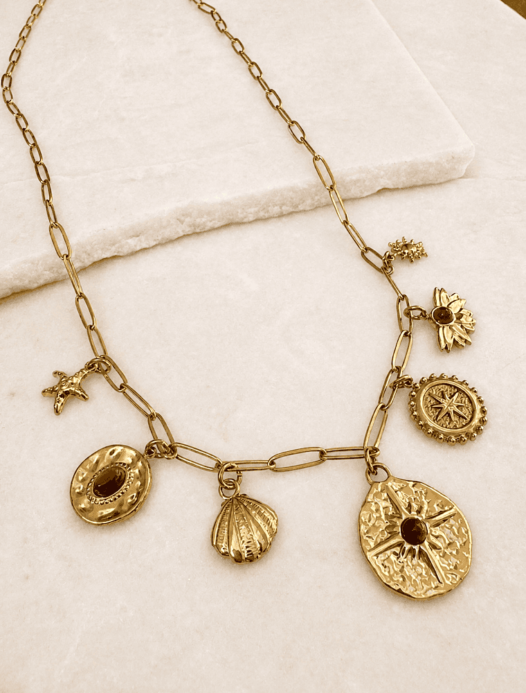 Summer waterproof long charm necklace-18k gold plated stainless steel.