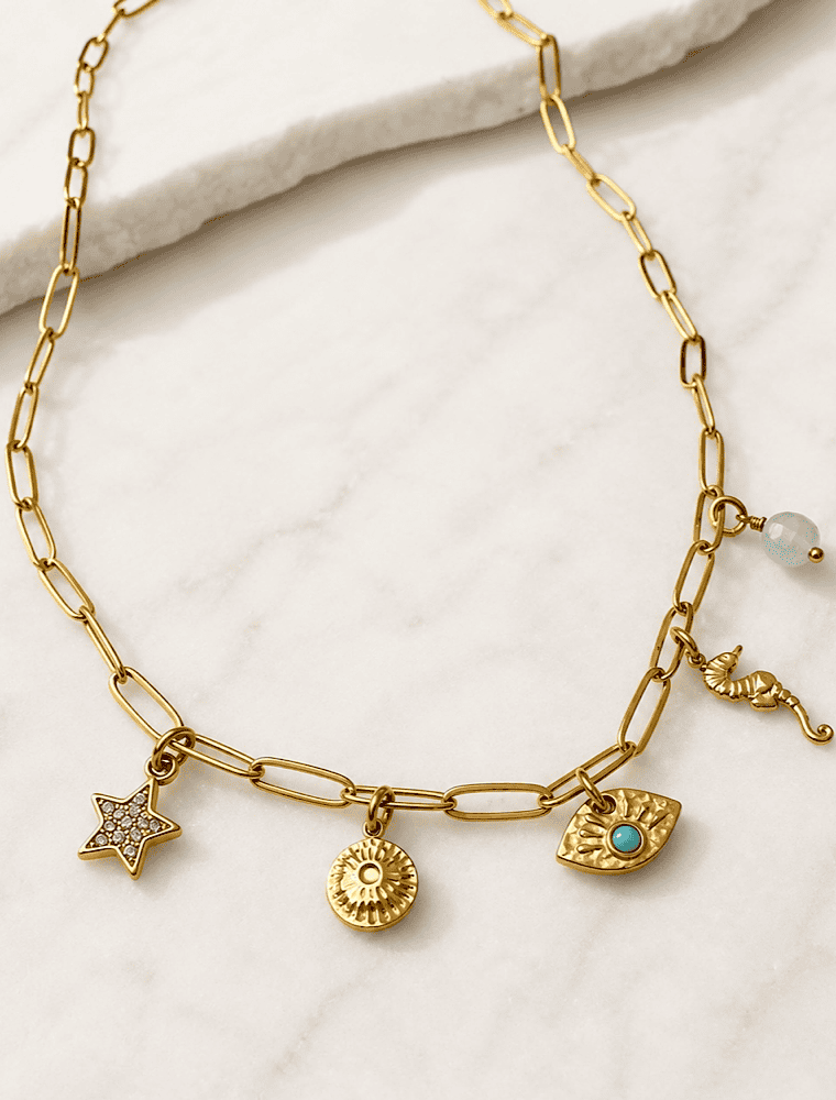 Lucy waterproof charms necklace-18k Gold Plated Stainless steel.