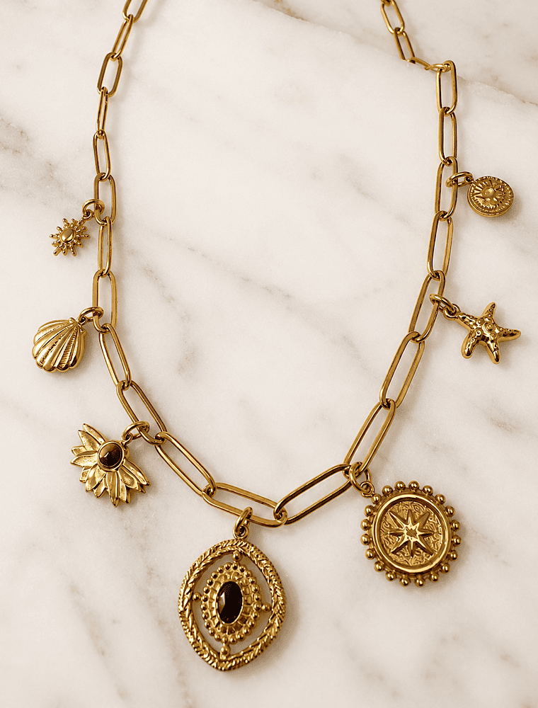 Becki waterproof charm necklace-14k gold plated.