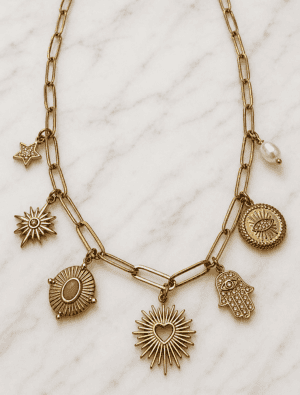 ‘Abi Loves Style’ Seven charm waterproof necklace-18k Gold Plated Stainless Steel.
