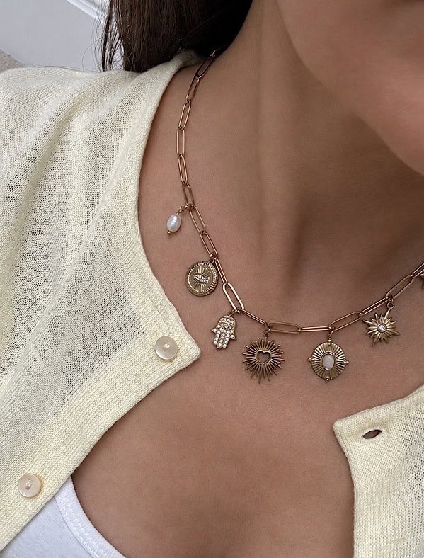 ‘Abi Loves Style’ Seven charm waterproof necklace-18k Gold Plated Stainless Steel. - Image 3
