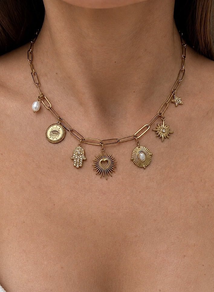 ‘Abi Loves Style’ Seven charm waterproof necklace-18k Gold Plated Stainless Steel. - Image 2