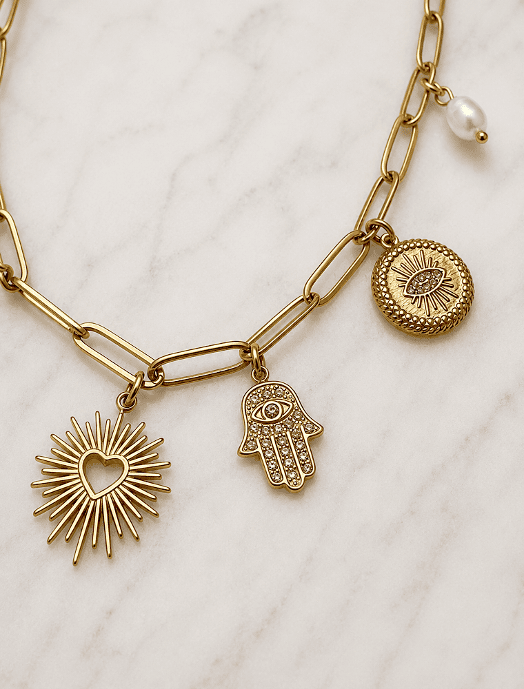 ‘Abi Loves Style’ Seven charm waterproof necklace-18k Gold Plated Stainless Steel. - Image 4