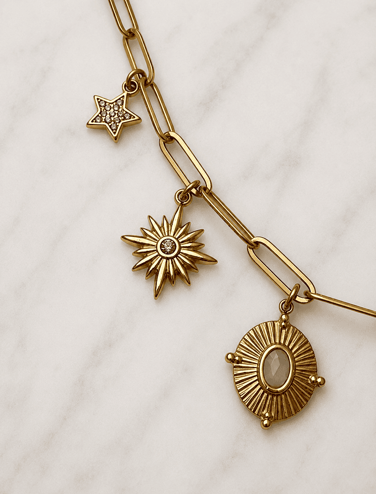 ‘Abi Loves Style’ Seven charm waterproof necklace-18k Gold Plated Stainless Steel. - Image 5